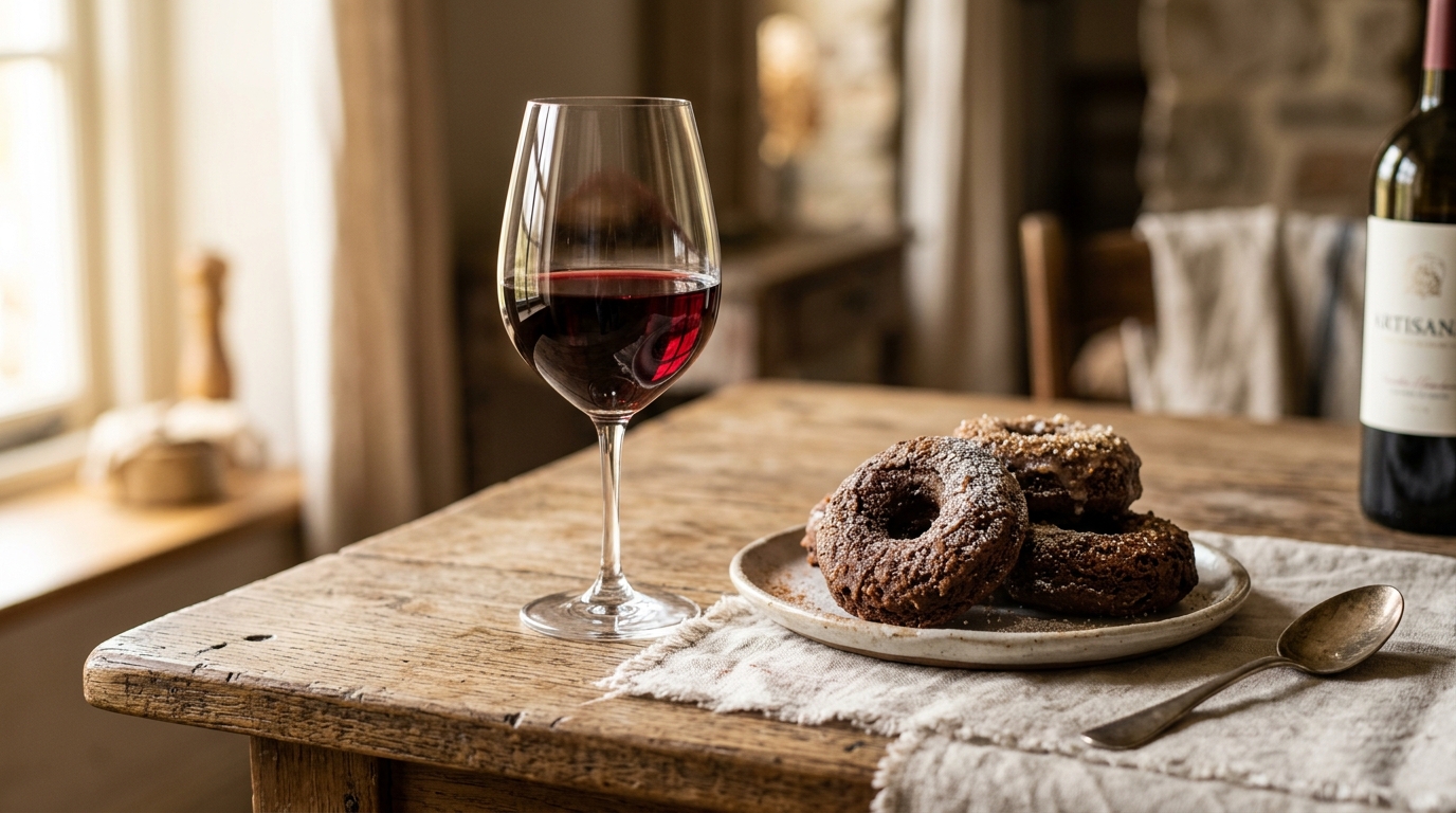 Tavolo di legno con vino e ciambelline